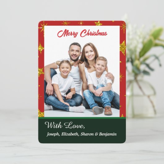 メリークリスマスファミリーフォトレッドエレガント金ゴールド シーズンカード (スタンド正面)