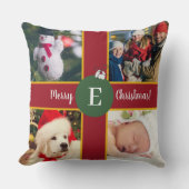 メリークリスマスファミリーフォトレッドグリーンモノグラム クッション (正面)