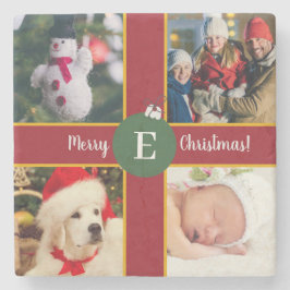 メリークリスマスファミリーフォトレッドグリーンモノグラム ストーンコースター