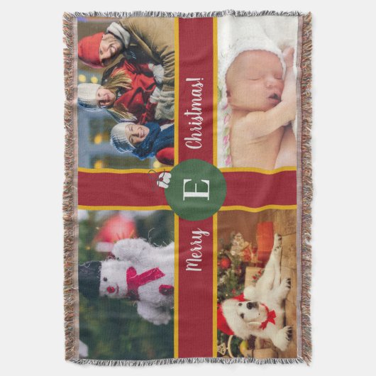 メリークリスマスファミリーフォトレッドグリーンモノグラム スローブランケット (正面縦)