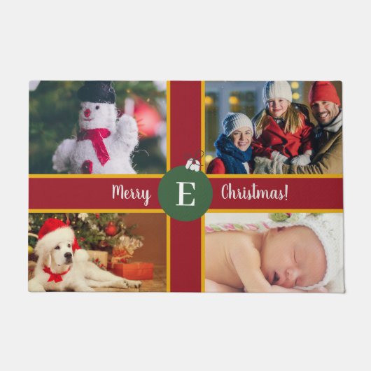 メリークリスマスファミリーフォトレッドグリーンモノグラム ドアマット (正面)