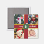 メリークリスマスファミリーフォトレッドグリーンモノグラム マグネット (正面/裏面)