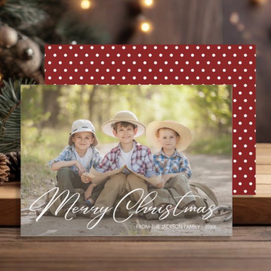 メリークリスマスファミリーフォトレッドホワイト水玉模様 シーズンカード