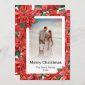 メリークリスマスファミリーフォトレッドポインセチア花 シーズンカード (正面/裏面)