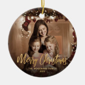 メリークリスマスファミリーフォト金ゴールドスクリプト セラミックオーナメント (正面)