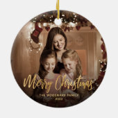 メリークリスマスファミリーフォト金ゴールドスクリプト セラミックオーナメント (裏面)