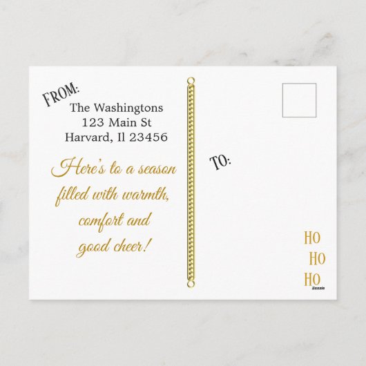 メリークリスマスファミリーフォト金ゴールドボウミュージカルノート シーズンポストカード (裏面)