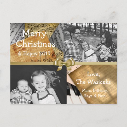 メリークリスマスファミリーフォト金ゴールドボウミュージカルノート シーズンポストカード (正面)