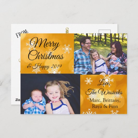 メリークリスマスファミリーフォト金ゴールド雪 シーズンポストカード (正面/裏面)