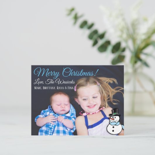 メリークリスマスファミリーフォト雪だるまはがき シーズンポストカード (スタンド正面)