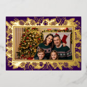 メリークリスマスファミリーポートレートパープル金ゴールド 箔シーズンカード (正面)