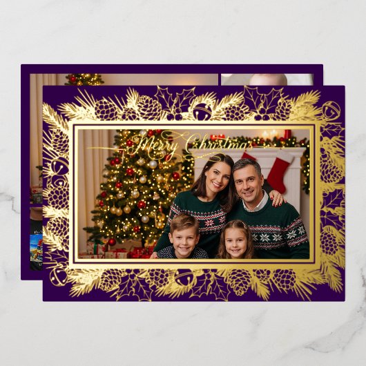 メリークリスマスファミリーポートレートパープル金ゴールド 箔シーズンカード (正面/裏面)