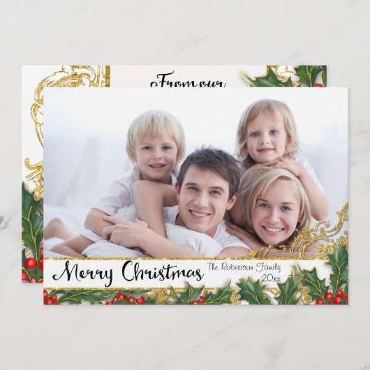 メリークリスマスファミリーポートレート金ゴールドグリッター写真 シーズンカード (正面/裏面)