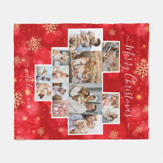メリークリスマスファミリーモダンハートコラージュ フリースブランケット (正面(横))
