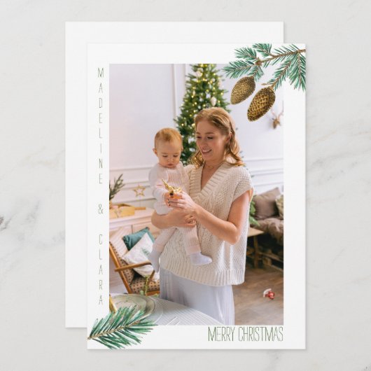 メリークリスマスファミリー写真グリーンパイン枝 シーズンカード (正面/裏面)