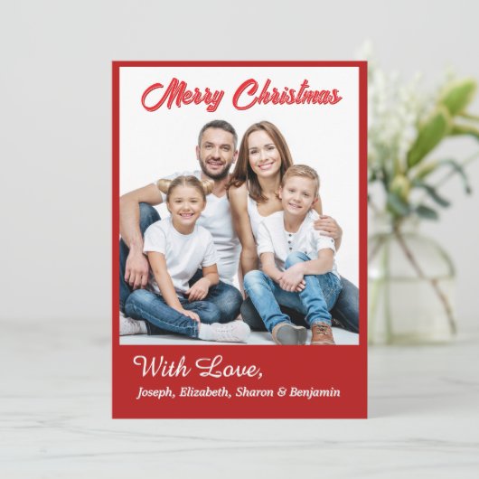 メリークリスマスファミリー写真モダン赤 シーズンカード (スタンド正面)