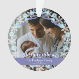 メリークリスマスファミリー写真名ライトブルーパープル オーナメント