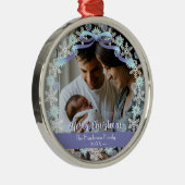 メリークリスマスファミリー写真名ライトブルーパープル メタルオーナメント (右)