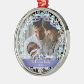 メリークリスマスファミリー写真名ライトブルーパープル メタルオーナメント (左)