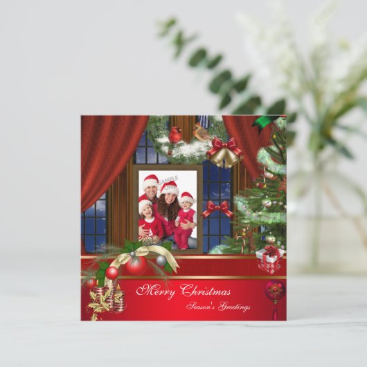 メリークリスマスファミリー写真赤い緑の窓 シーズンカード (スタンド正面)