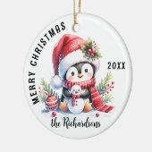 メリークリスマスファミリー名かわいいペンギン セラミックオーナメント (左)