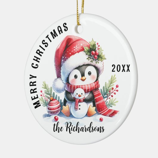 メリークリスマスファミリー名かわいいペンギン セラミックオーナメント (左)