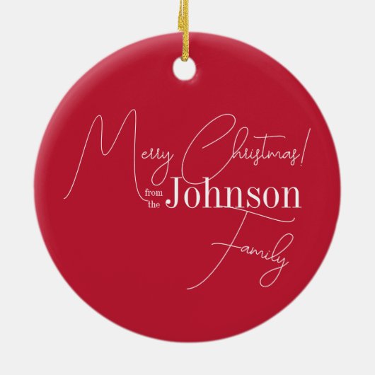 メリークリスマスファミリー名レッド セラミックオーナメント (裏面)