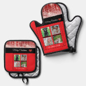 メリークリスマスファミリー名写真コラージュ赤 鍋つかみ&鍋敷きセット (正面/裏面)