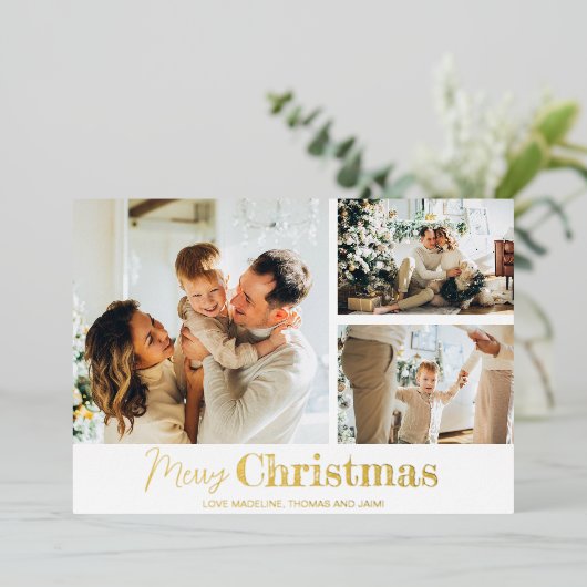 メリークリスマスファミリー3フォトグリッド金ゴールド 箔シーズンカード (立ち正面)