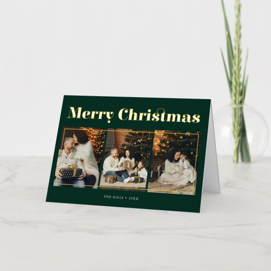 メリークリスマスファンシーのエレガント写真グリーン 箔グリーティングカード (正面)