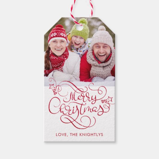 メリークリスマスファンシースクリプトレッドグリッター ギフトタグ (正面)