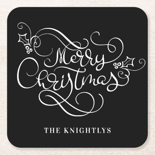 メリークリスマスファンシースクリプト名カスタム スクエアペーパーコースター (正面)