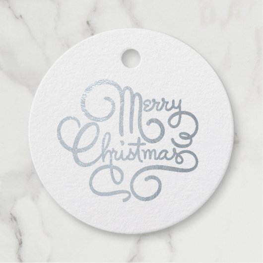 メリークリスマスファンシーフォントシルバーフォイルラウンドギフト フェイバータグ (正面)