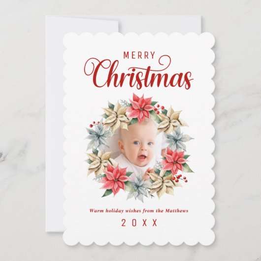 メリークリスマスファームハウスポインセチアリース写真 シーズンカード (正面)