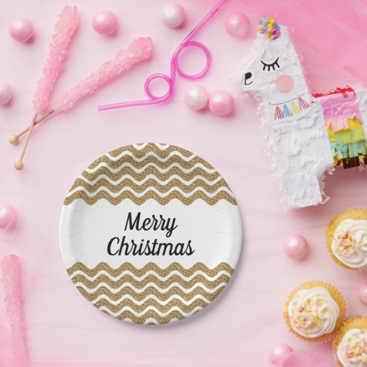 メリークリスマスフェイク金ゴールドグリッターホワイトストライプズ ペーパープレート (パーティー)
