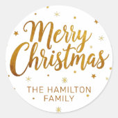 メリークリスマスフェイク金ゴールドスカジュアルクリプトスノーフレーク ラウンドシール (正面)