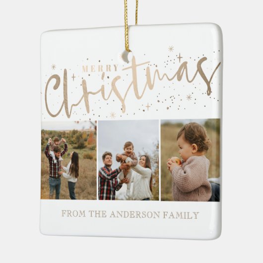 メリークリスマスフェイク金ゴールド3写真クリスマス セラミックオーナメント (左)