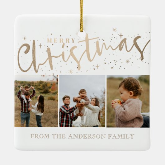 メリークリスマスフェイク金ゴールド3写真クリスマス セラミックオーナメント (裏面)