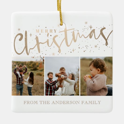 メリークリスマスフェイク金ゴールド3写真クリスマス セラミックオーナメント (正面)