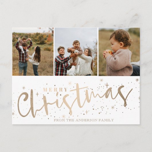 メリークリスマスフェイク金ゴールド3写真クリスマス ポストカード (正面)
