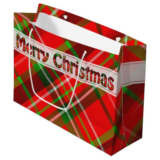 メリークリスマスフェスティバルタータンチェックパターンレッドグリーン ラージペーパーバッグ (正面アングル)