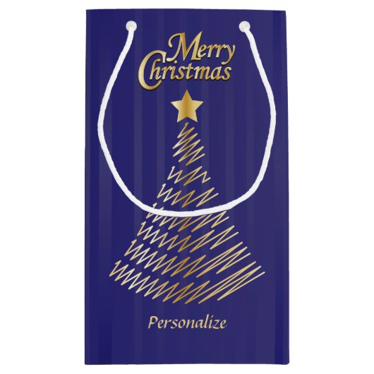 メリークリスマスフェスティバルダークブルーと金ゴールドツリー スモールペーパーバッグ (裏面)