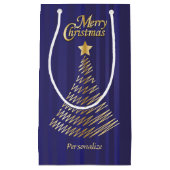 メリークリスマスフェスティバルダークブルーと金ゴールドツリー スモールペーパーバッグ (正面)