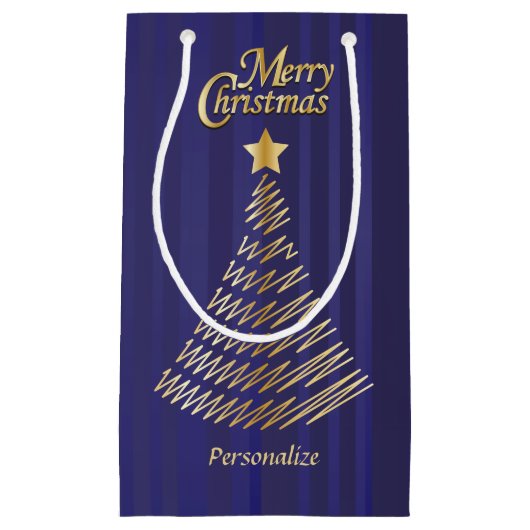 メリークリスマスフェスティバルダークブルーと金ゴールドツリー スモールペーパーバッグ (正面)