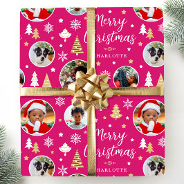 メリークリスマスフェスティバルツリー写真名ピンク ラッピングペーパー