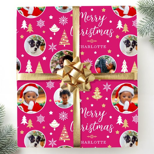 メリークリスマスフェスティバルツリー写真名ピンク ラッピングペーパー