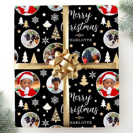 メリークリスマスフェスティバルツリー写真名ブラック ラッピングペーパー