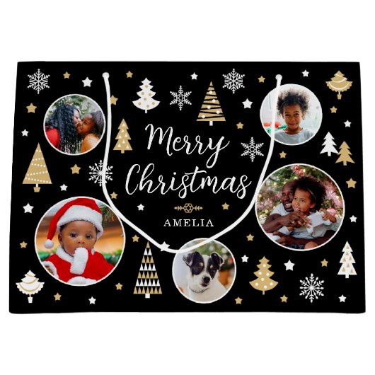 メリークリスマスフェスティバルツリー写真名ブラック ラージペーパーバッグ (正面)