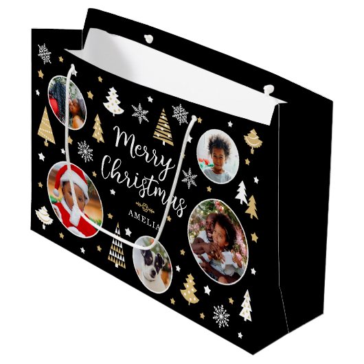 メリークリスマスフェスティバルツリー写真名ブラック ラージペーパーバッグ (正面アングル)