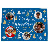 メリークリスマスフェスティバルツリー写真名ブルー ラージペーパーバッグ (裏面)